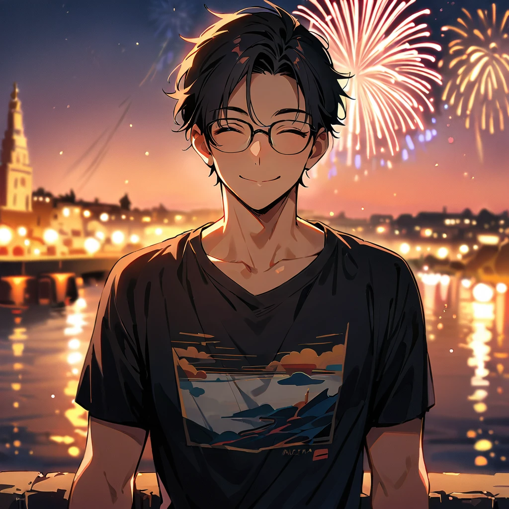 (masterpiece, best quality:1.2),1man, (solo), black short hair, close eyes, magnificent view, blur background, 8K, collarbone, sky, smile, Malta, black T-shirt, short pants, Japanese man, fireworks, 30 years old, glasses