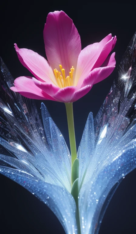 Ultimate realism, Crystals form a tulip, Only one flower, Extremely high transparency, Gloss, reflection, Absolute aesthetics that transmits light, (shot from above), dramatic, Detailed and accurate shape of tulip, Holographic Spectrum, The only aesthetic that exists in a fantastical state of nothingness, NRART,