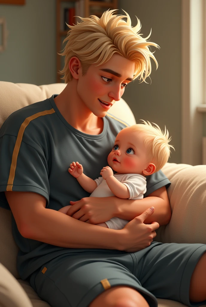 A handsome male with deep blue eyes, a round face, and 90s dirty blonde hair. Dressed sporty. He is sitting on a couch with a cute baby on his lap. (Round face) 