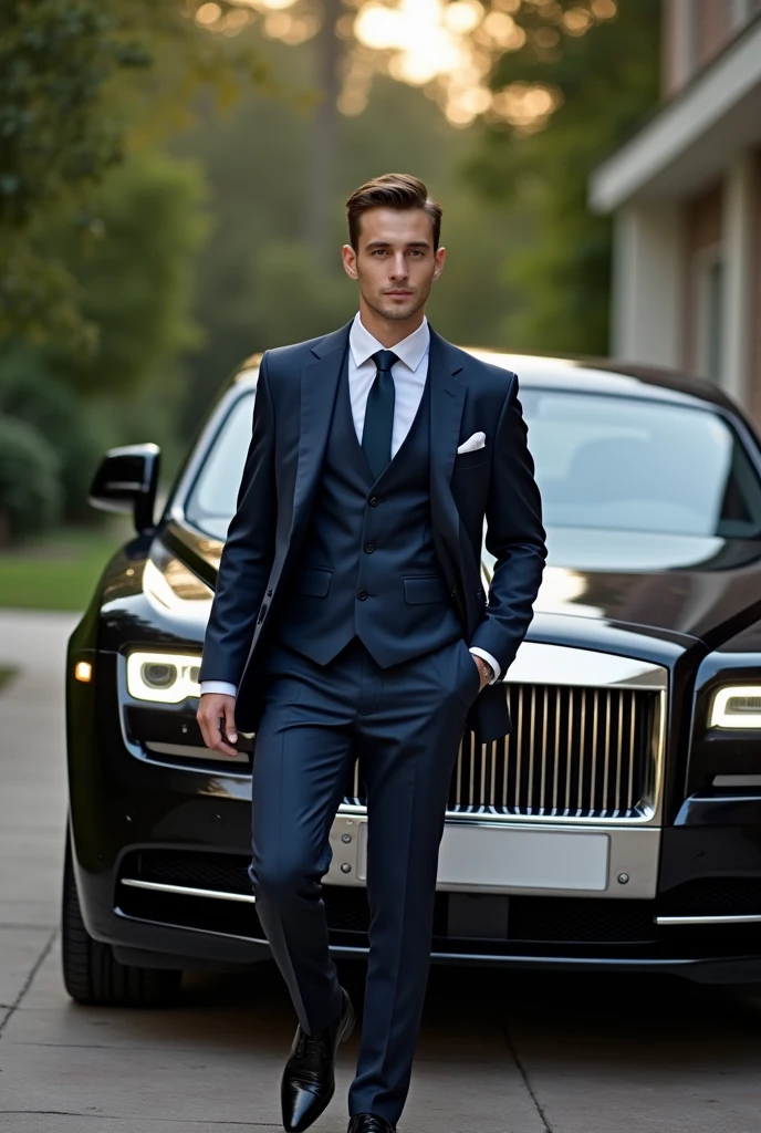 A young man with suits entering Rolls-Royce car outside his bungalow.