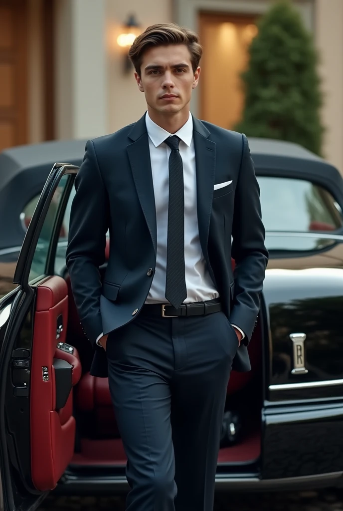 A young man with suits entering Rolls-Royce car outside his bungalow.