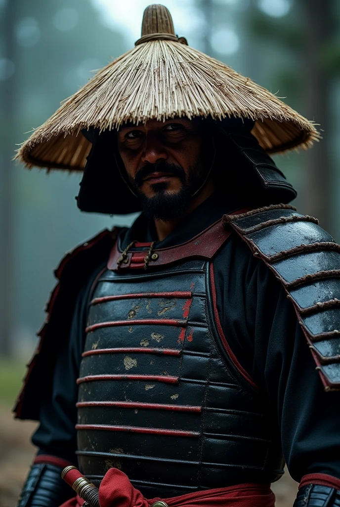 a samurai wearing traditional, weathered samurai armor with black and red accents. His face is partially hidden by his straw hat (kasa), in front of a clearing, on a scary night, and shadows appear around him.