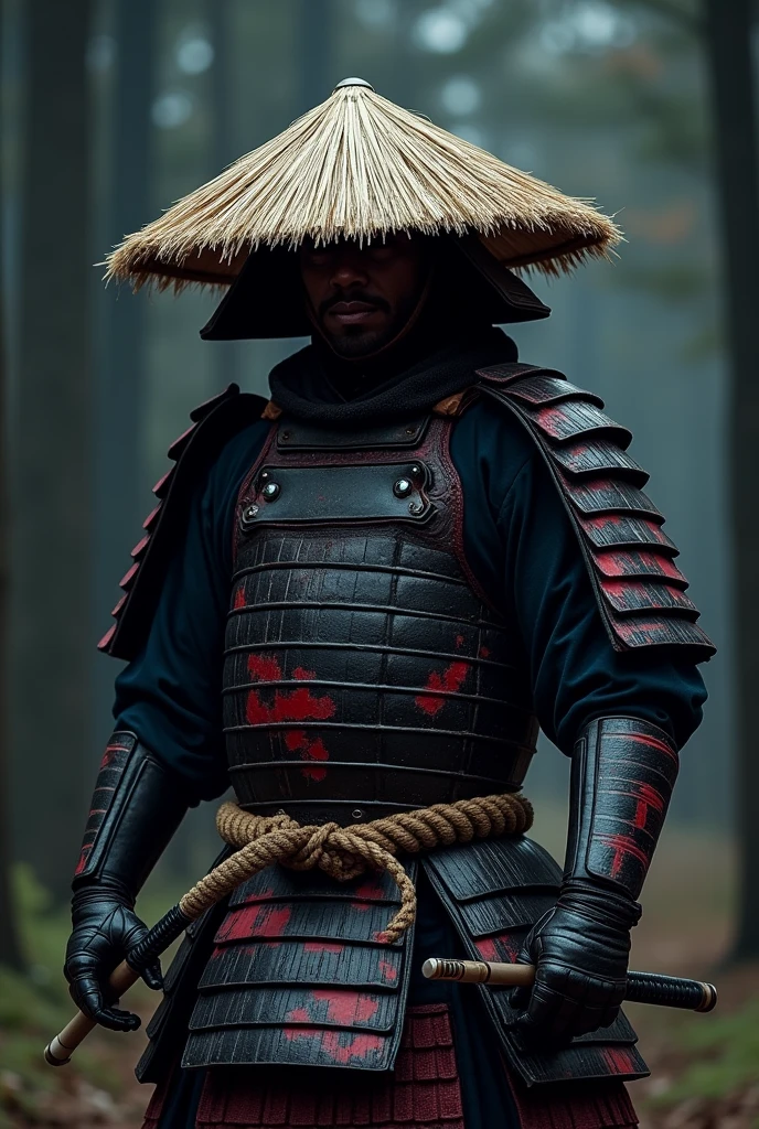 a samurai wearing traditional, weathered samurai armor with black and red accents. His face is partially hidden by his straw hat (kasa), in front of a clearing, on a scary night, and shadows appear around him.