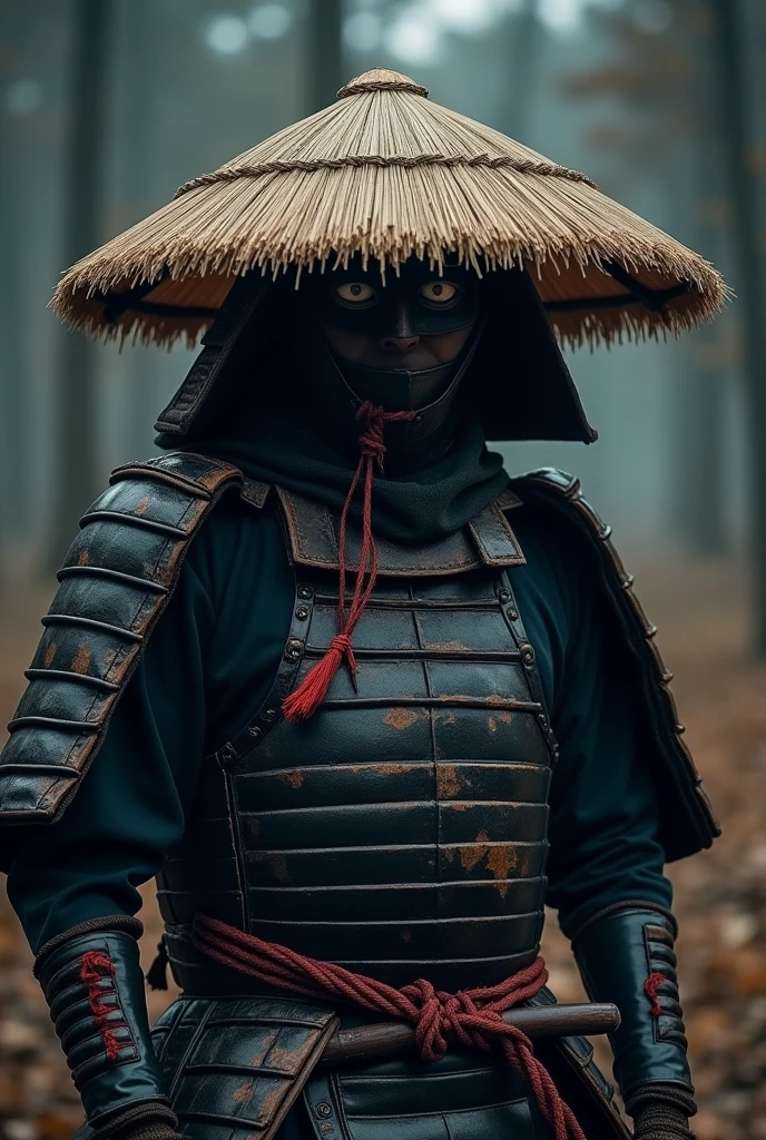 a samurai wearing traditional, weathered samurai armor with black and red accents. His face is partially hidden by his straw hat (kasa), in front of a clearing, on a scary night, and shadows appear around him.