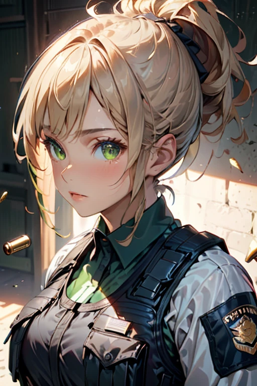 college woman;
Athletic and toned physique; naturally attractive with delicate features; long, wavy blonde hair often tied back; striking green eyes; fair skin with a light tan; best quality; soft blur background; trending on artstation; complex volumetric lighting; strong shadows; artistic lighting; dynamic; energetic vibe; realistic skin; specular highlights; micro-textures; highly detailed hair; police uniform with long sleeves and bullet proof vest