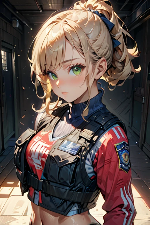 college woman;
Athletic and toned physique; naturally attractive with delicate features; long, wavy blonde hair often tied back; striking green eyes; fair skin with a light tan; best quality; soft blur background; trending on artstation; complex volumetric lighting; strong shadows; artistic lighting; dynamic; energetic vibe; realistic skin; specular highlights; micro-textures; highly detailed hair; police uniform with long sleeves and bullet proof vest