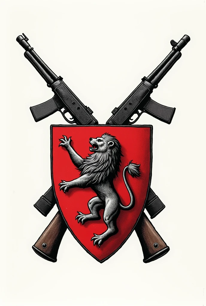 Military coat of arms with crossed rifles and a lion, red and black, Backgroundless drawing.