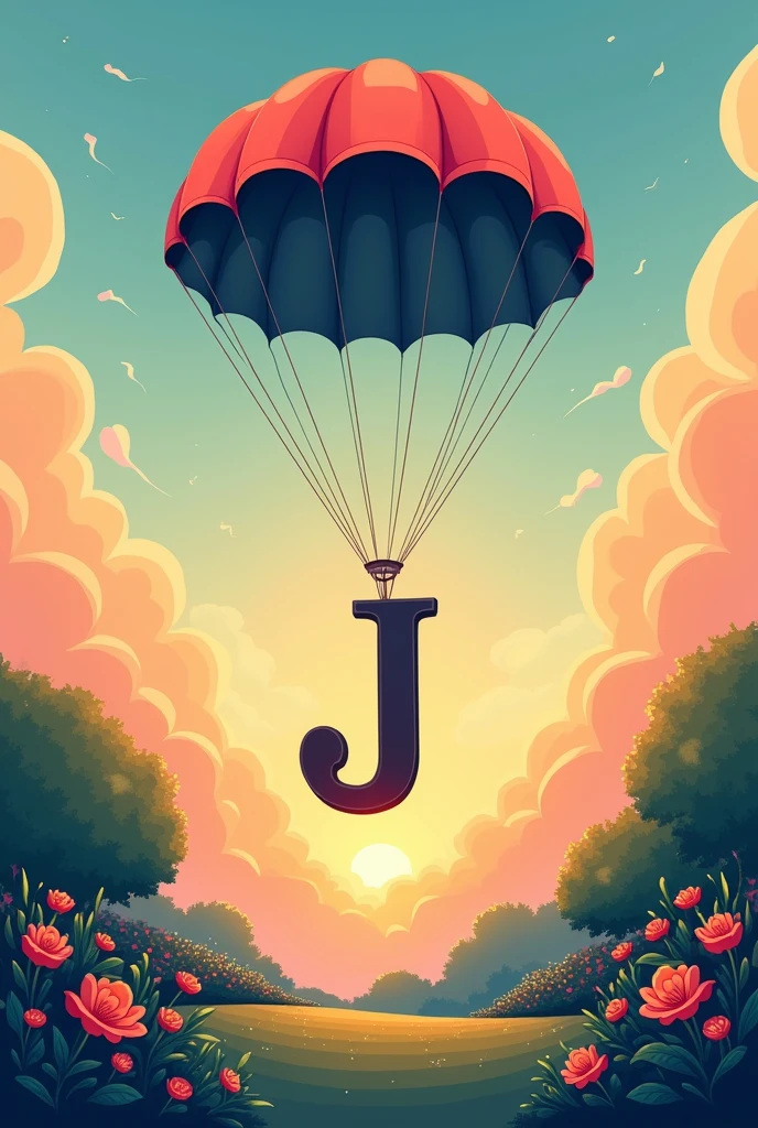 Make an illustration of the letter J descending by parachute, landing in a simple garden, on a background with a gradient of orange and blue imitating a sunset, 