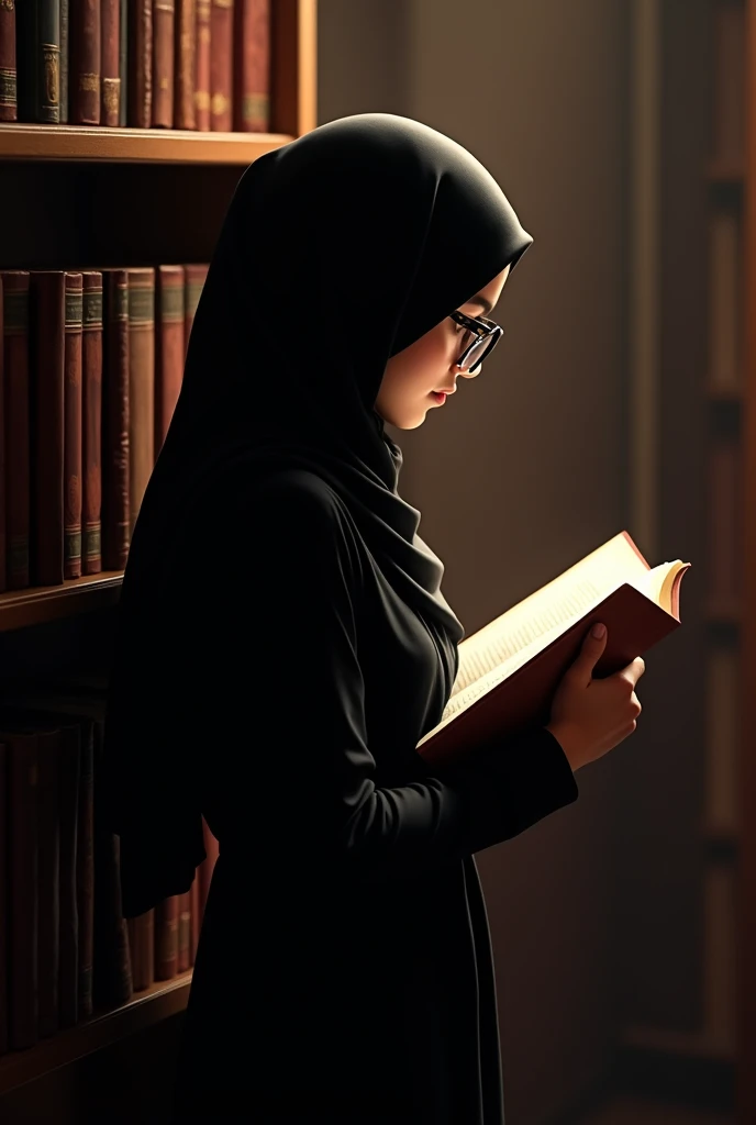 Picture of a girl from backside with a hijab sitting or standing next to a bookshelf. She’s wearing glasses and holding a book. The shadow will show her silhouette, including the glasses, and the contours of her hijab.