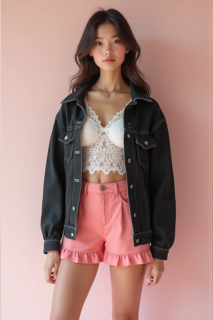 A person is 1.50m tall with a white lace top, black jean jacket, a short pink skirt and sneakers