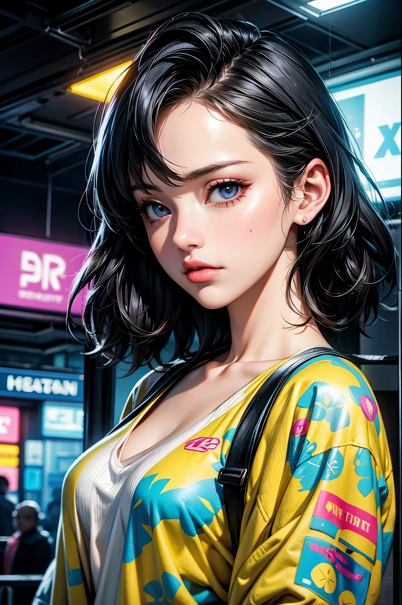 Beautiful woman with long wavy black hair_Delicate gray eyes, Pointed nose, Moderately full light pink lips, Wearing casual sportswear, 1980s style, Detailed facial features, Detailed clothing, Detailed hair, Dramatic lighting, Cinematic composition, Vivid colors, Photorealistic, Highly detailed, Glowing portrait, Masterpiece, Superb quality, 8k, Highly realistic, Hyper realistic Detailed,