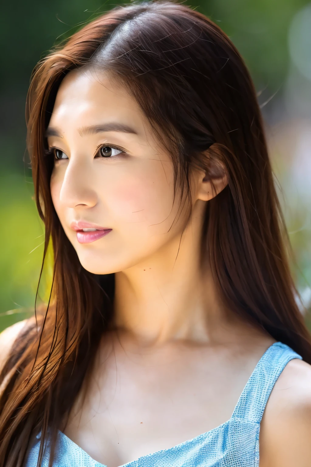 (Highest quality、Masterpiece、8k、Best image quality、Hyperrealism、Award-winning works)、One beautiful woman、A bored expression looking at me、Spectacular Cinema Lighting、Tyndall effect、Most romantic、Very soft lighting、Extremely gentle lighting、Most romanticでムーディー、(Elegant and perfect dress:1.2)、Very beautiful face,、Exposing the forehead、Straight long hair、(A beautiful park background, blurred softly:1.2)、Face close-up