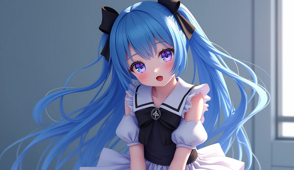 Korean,Practical, masterpiece, Final details, photo Practical, Intricate details, Octane Rendering, 8K, 1 Girl, Perfect face, Pretty Face, NSW Sports Federation, Slot Reference, Detailed hair,, black bow, black Gloves, Black Leg, blue eyes, Blue Hair, bow, clavicle, skirt, Drill hair, Ruffles, Ruffles, Gloves, Gwen, headskirt, high resolution, Long hair, Open your mouth, Puff sleeves, Purple Eyes, Smile, Solitary, white skirt, Oily skin,