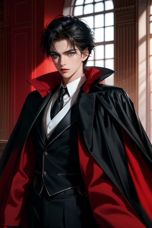 masterpiece, 最high quality, high quality, 1 boy, alone, Male focus, Watching the audience,  Messy black hair, Adorable big blue eyes, White, Noble, Noble,A sexy, voluminous, puffy cape、tuxedo、A very voluminous, large, very large, very large, long, long red and black cape with a high stand-up collar, made of a lot of fabric that reaches down to the floor., 17 years old,Cute beautiful boys,Cute, cute, kind, handsome guy