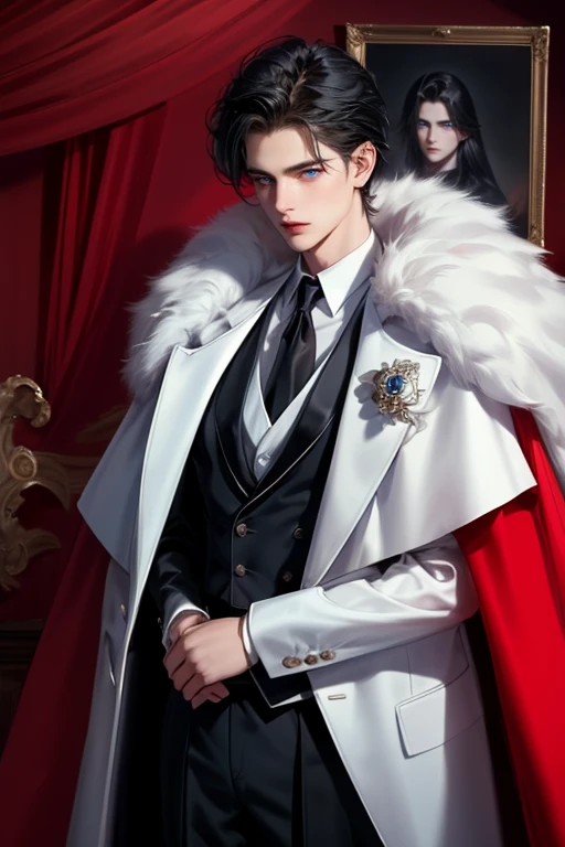 masterpiece, 最high quality, high quality, 1 boy, alone, Male focus, Watching the audience, Messy black hair, Adorable big blue eyes, White, Noble, Noble,A sexy, voluminous, puffy cape、tuxedo、A very voluminous, large, very large, very large, long, long red and black cape with a high stand-up collar, made of a lot of fabric that reaches down to the floor., 17 years old,Cute beautiful boys,Cute, cute, kind, handsome guy