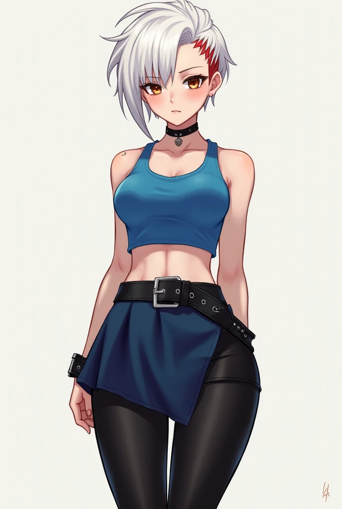 ((1 person)), ((best quality)), ((masterpiece)), (detailed), ((punk-ish aesthetic)), (femboy), perfect face, a mole under each eye, slim but chubby, White long pixie cut with red steaks, brown eyes, Spiked choker, blue tank top, ((unsymmetrical)) half-dark blue half-Black skirt, ((Black legging), black Heeled Boots