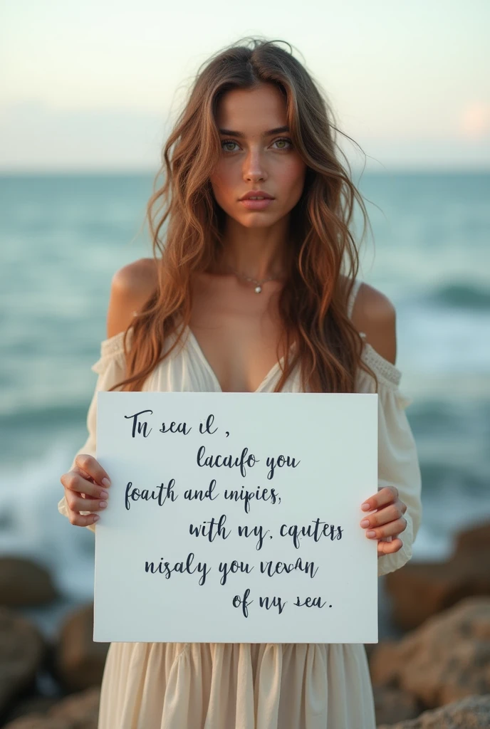 Beautiful girl with wavy long hair, bohemian dress, holding a white board with text "I Love Seaart Infinity" and showing it to the viewer