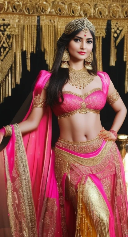 araffe woman in a pink and gold outfit posing for a picture, indian goddess, traditional beauty, she is dressed as a belly dancer, indian, indian style, cinematic goddess shot, cinematic goddess close shot, beautiful goddess, a beautiful fantasy empress, cinematic goddess body shot, intricate outfit, gorgeous woman, a beautiful woman warrior, beautiful costume, very attractive and beautiful