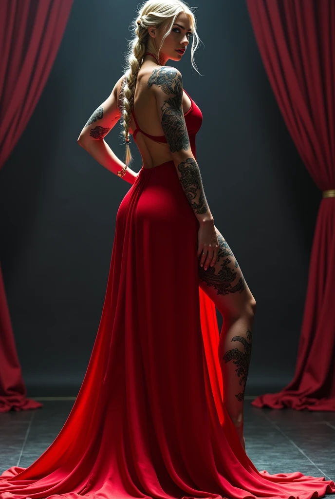 Beautiful woman, She has blue eyes,She has180 cm tall,looks like Fabiula nascimento , ifbb fitness woman, wearing platform heels, posing on a platform in a red dragon long dress,as  assassin, on the stage, focus her back,model posing, sexy look (masterpiece, high quality, best quality:1.3), single braid, (blonde hair:1.1), (heavy upper lips:1.1), (body full of scars:1.2), (everything Detailed), . Futuristic, cyberpunk, urban, tactical, sleek, dark, highly detailed, 