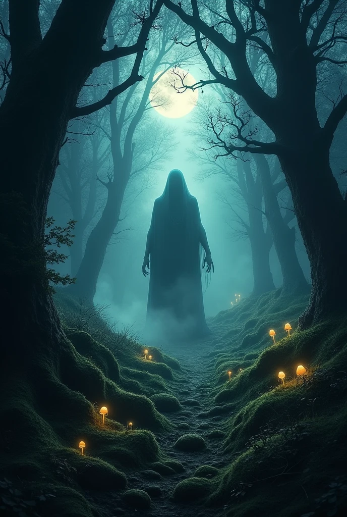 A dark, mysterious forest scene, with a glowing, enigmatic presence in the background. Text.