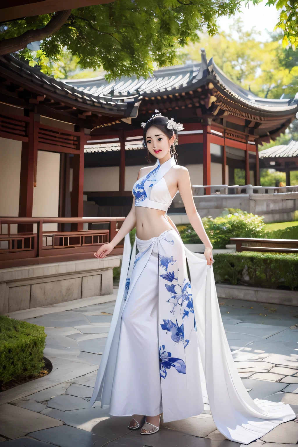 best quality, masterpiece, Ultra-high resolution, (Practical: 1.4), xiuxian, Smile, Shy, belly button, Exquisite makeup, Gorgeous jewelry, Horse Face Dress, Detail face,, 1 girl, White clothes, Lotus print, Maple Leaf Print, Solitary, arms, (Magic Circle: 1.2), xiuxian, 上Half Body, beautiful girl, Half Body, East Asian Architecture, sheath, put up,
