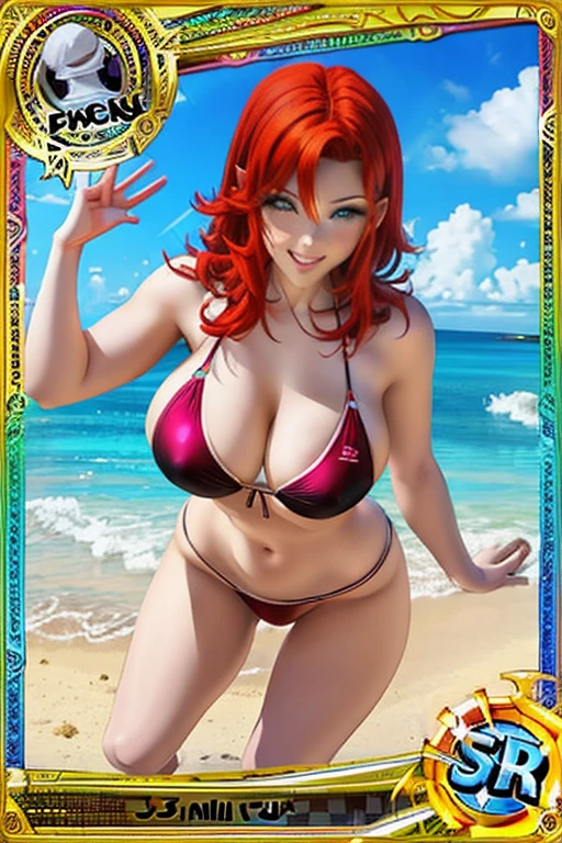 trading card, mature redhead, bikini outfit, sexy pose, big breasts, smile
