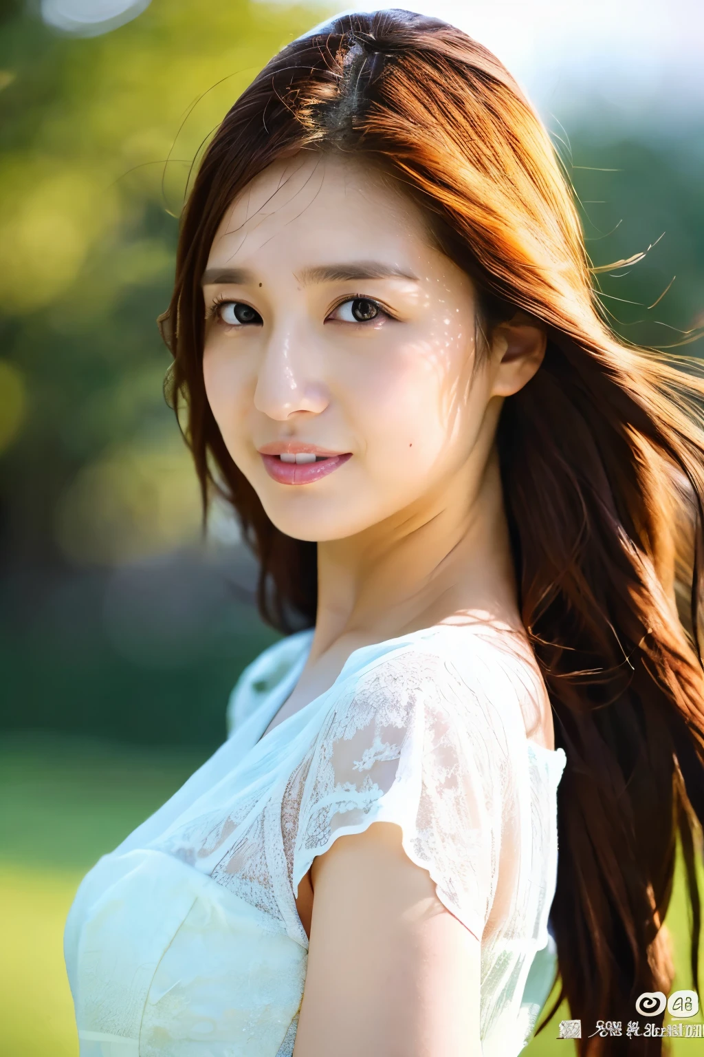 (Highest quality、Masterpiece、8k、Best image quality、Hyperrealism、Award-winning works)、One beautiful woman、A bored expression looking at me、Spectacular Cinema Lighting、Tyndall effect、Most romantic、Very soft lighting、Extremely gentle lighting、Most romanticでムーディー、(Elegant and perfect dress:1.2)、Very beautiful face,、Exposing the forehead、Straight long hair、(A beautiful park background, blurred softly:1.2)、Face close-up