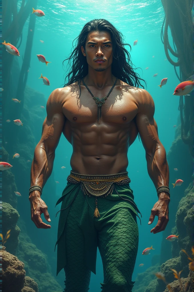 Indigenous male mermaid with striking features and strong physique