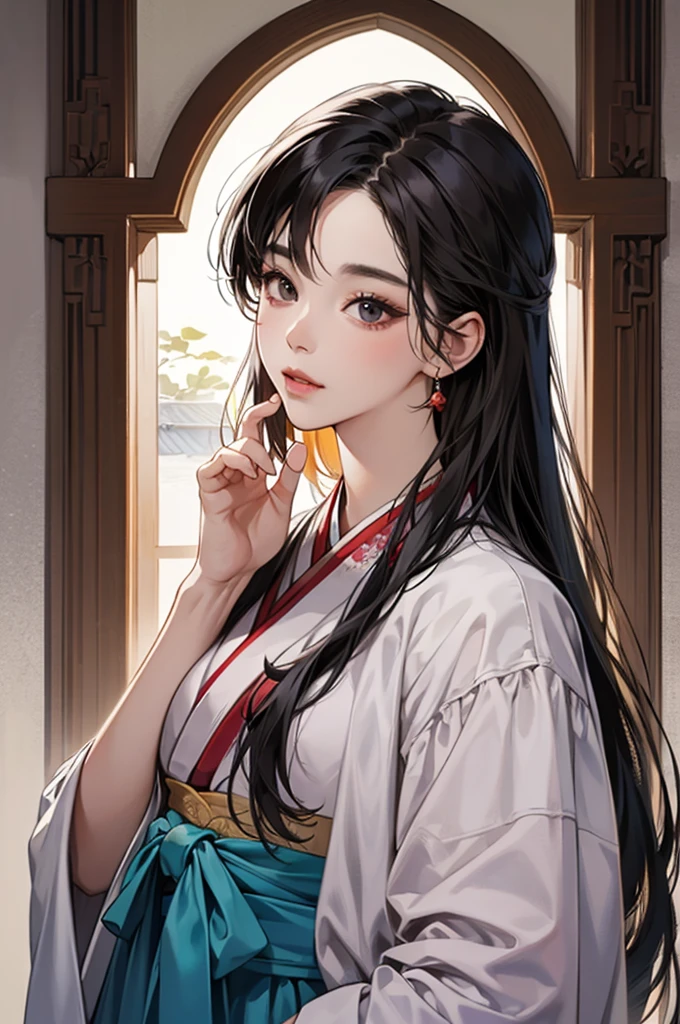 one person 16th century korean woman, hanbok, traditional korean clothing, portrait, upper body, sexy beauty, seductive, mature, sensual, Ink painting