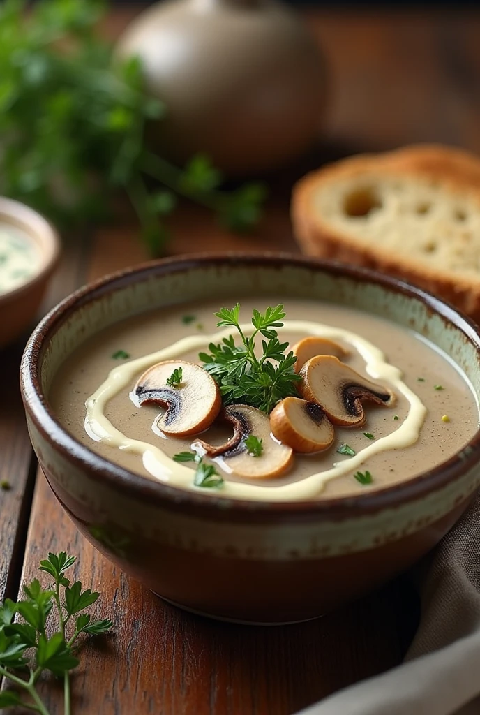 Can you generate Creamy keto mushroom soup in a rustic bowl.