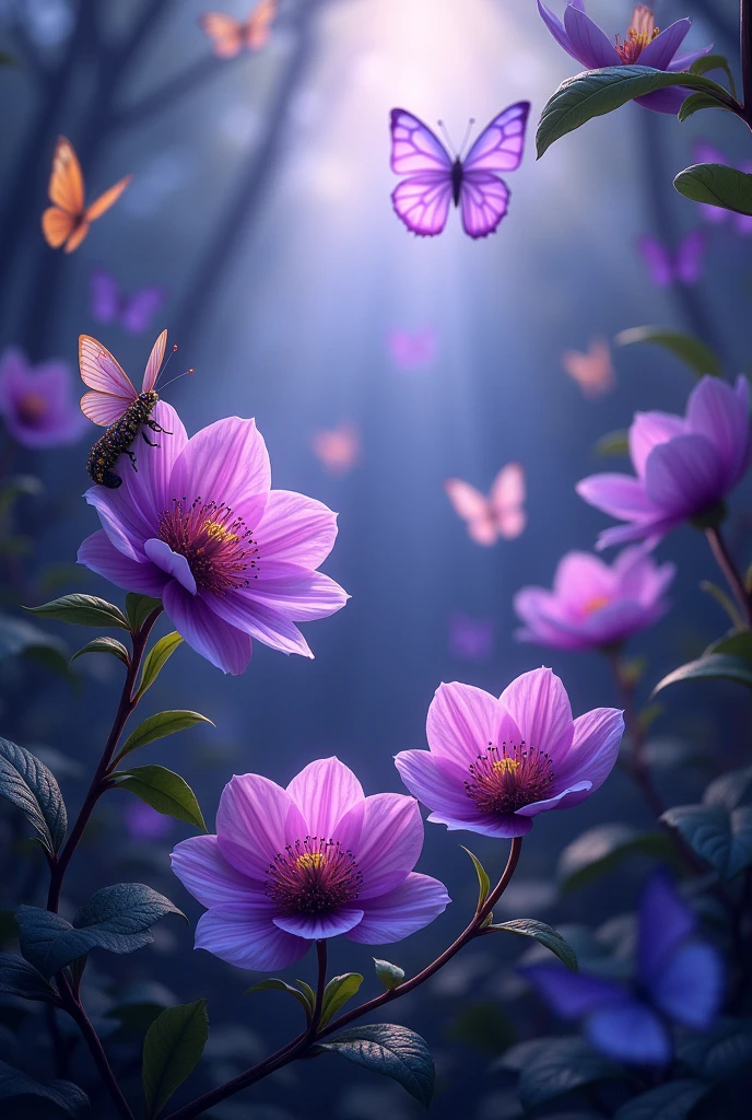 Purple flowers with butterflies flying in the spotlight, accompanied by a caterpillar on a branch