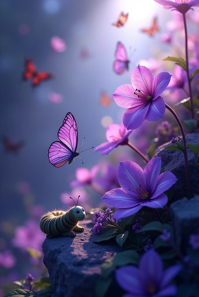 Purple flowers with butterflies flying in the spotlight, accompanied by a caterpillar on a branch