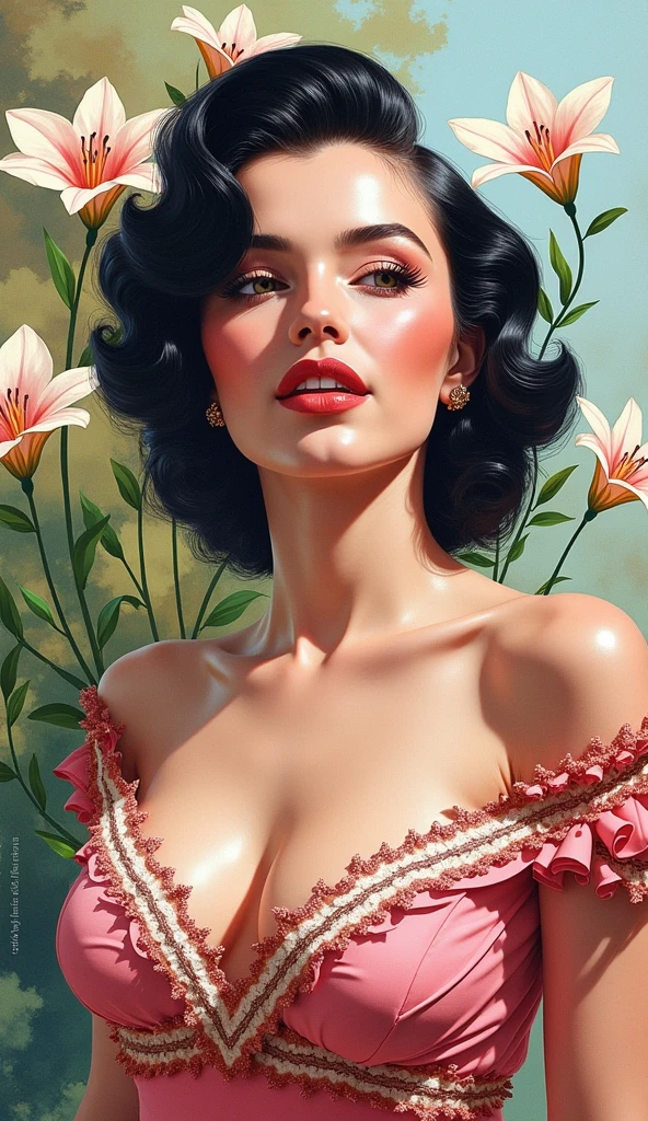 painting of a woman in a pink dress with a green flower in her hair, by Alberto Vargas, hajime sorayama designed girl, inspired by Alberto Vargas, pinup art, fully clothed. painting of sexy, girl pinup, by Wayne England, by Aleksander Kotsis, jeffrey catherine jones pose, marc davis artwork, by Marshall Arisman