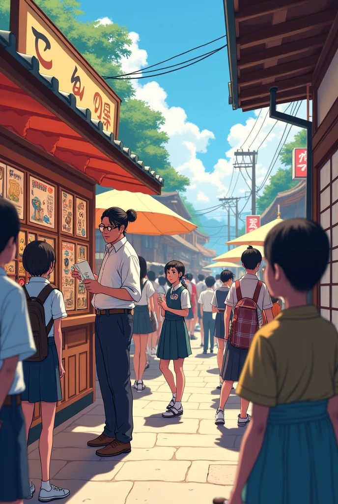 A corner of a Japanese summer festival Cut-out shop A wide range of people from small children to high school students can enjoy it. It's small and compact The owner is a well-built man with glasses and a man bun hairstyle. busy Some girls are wearing kimonos such as yukata.