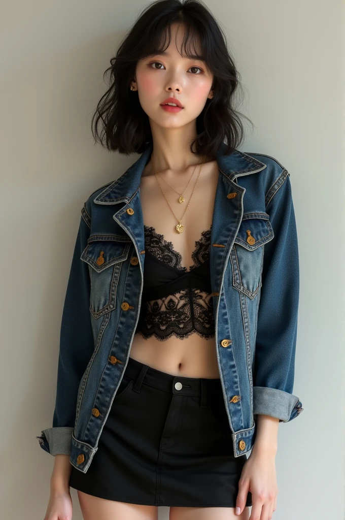 Show me a real person of 1.5m with white lace top, black jean jacket and a short skirt