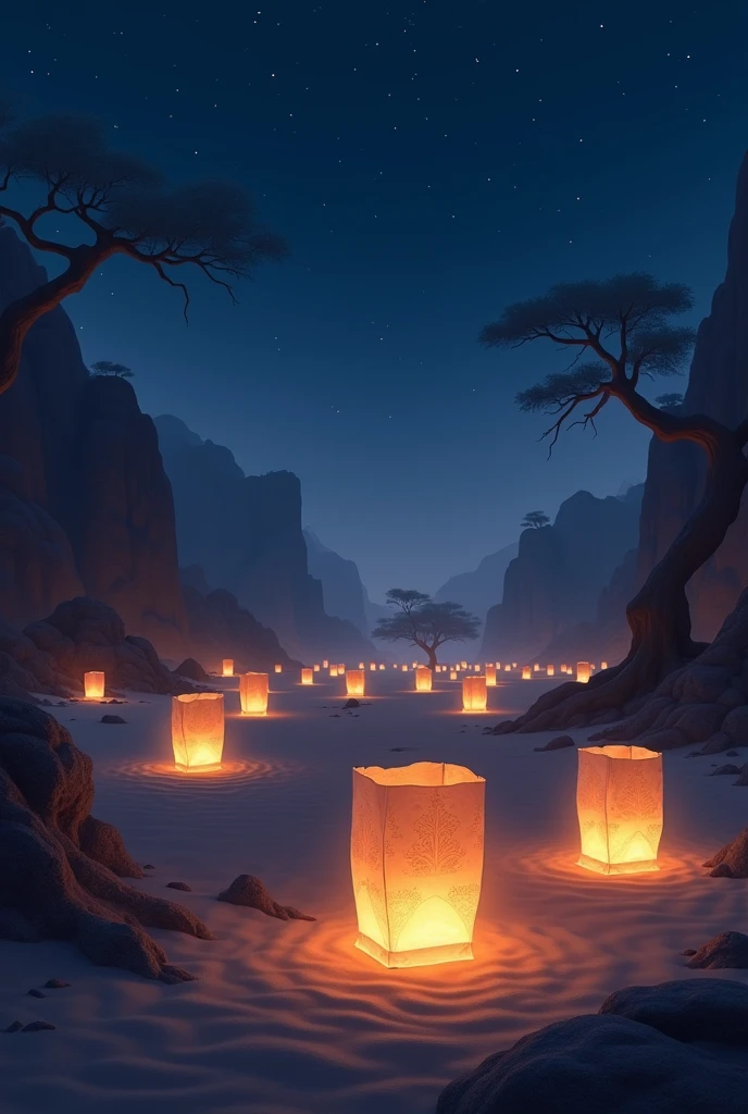 Desert at night with floating lanterns