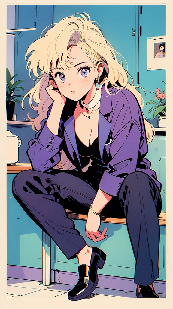 (Highest quality:0.8)、(Highest quality:0.8)、Very detailed、Analog illustration、)、masterpiece、Highest quality、Full body portrait of a woman、1990、Comic Strip、Art Illustration、blonde、Purple Suit、Diamond Earrings、Sit on a chair