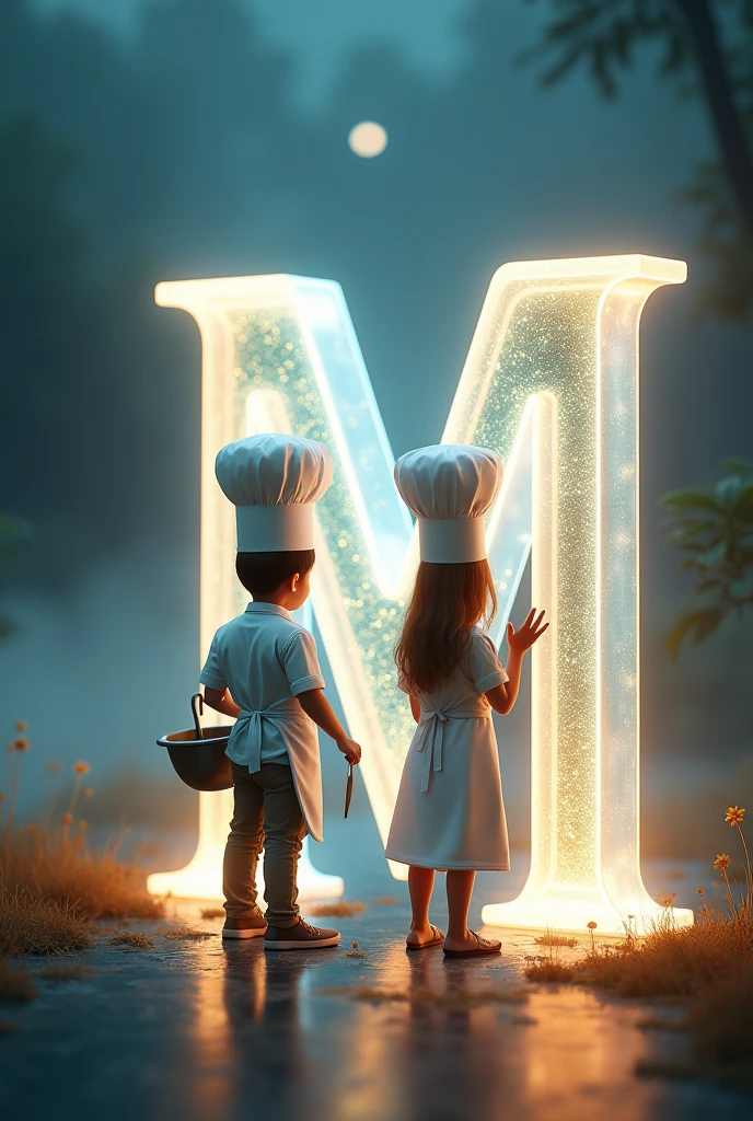 A boy and girl chef shadow bihind the letter of M glasic