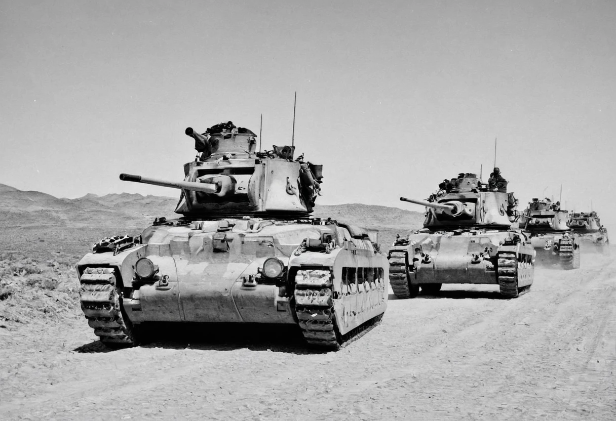 Matilda tank in the desert、Group of cavalry escorting、Monochrome photography、