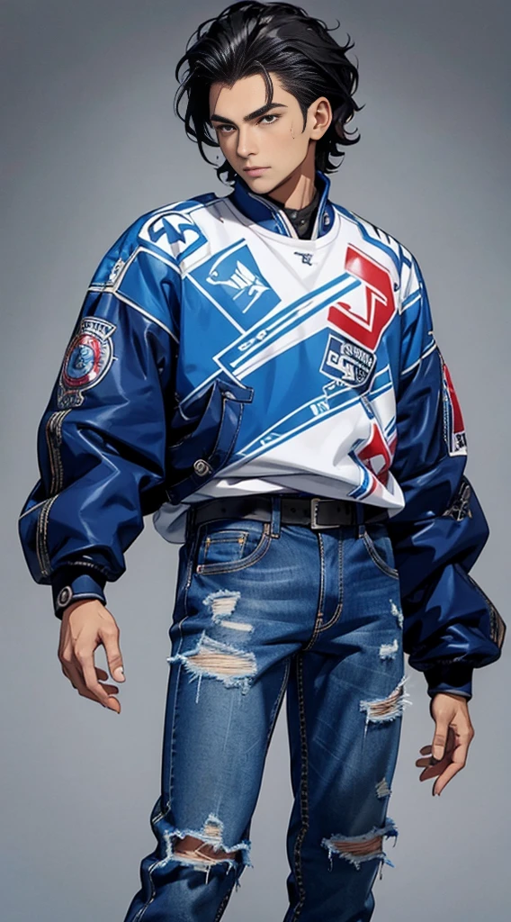 (best quality:1.1),original, 1man,  A handsome man with medium skin, native American man with natural hair, short hair, Pumped Slick Back, broad shoulders, tall, masculine, dressed in blue urban clothes and demin jeans, cartoon，anime illustrations, style is abstract beauty, Sundaratang, charming character illustrations, folklore  --ar 2:3 --v 6.0 