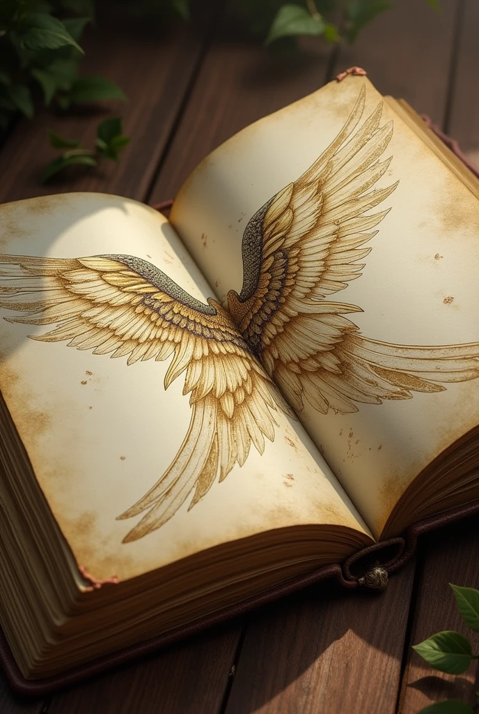 Old book with an open page, drawn on it are the wings of Duki, only the angel's.