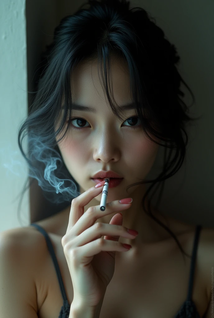 Woman smoking from her hands