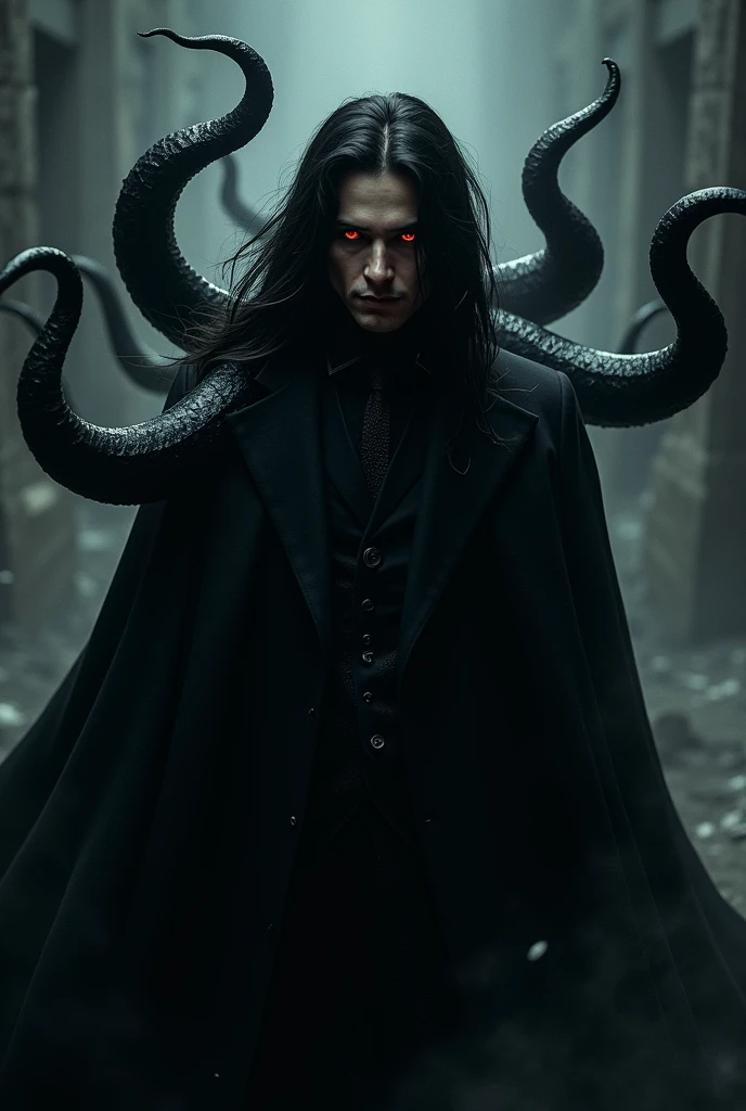 A handsome man with long black hair, red eyes, dark clothes, and multiple black tentacles coming out of his back