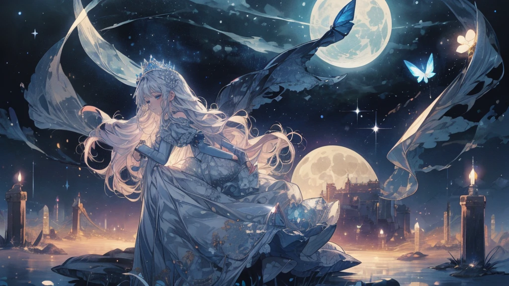 (Mastepiece), (Best Quality), Very detailed, 1 girl, (Full body solo shot:1.5), Perfect Face, beautiful girl, Very detailedな顔,(Blue Princess Dress:1.4)、(Long white hair:1.5),(blue eyes:1.4),(Princess:1.4)、(White flower:1.4)、(Blue Butterfly々:1.3)、(Sparkling:1.3)、moonlight、流れstar、(night、star空、White Moon:1.4)、star々、moonlight