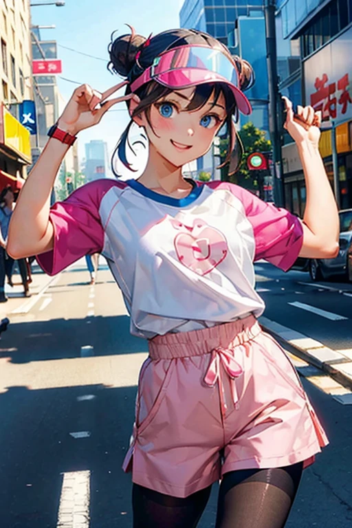 ((masterpiece,Highest quality)), Absurd, B1, Hair Bun, blue eyes, Twin tails, Visor Cap, pantyhose, Raglan sleeves, Shorts, shirt, Pink ribbon, watch,
alone, smile, View your viewers, Cowboy Shot, Structure of the film, Dynamic pose, Modern city, City Street,