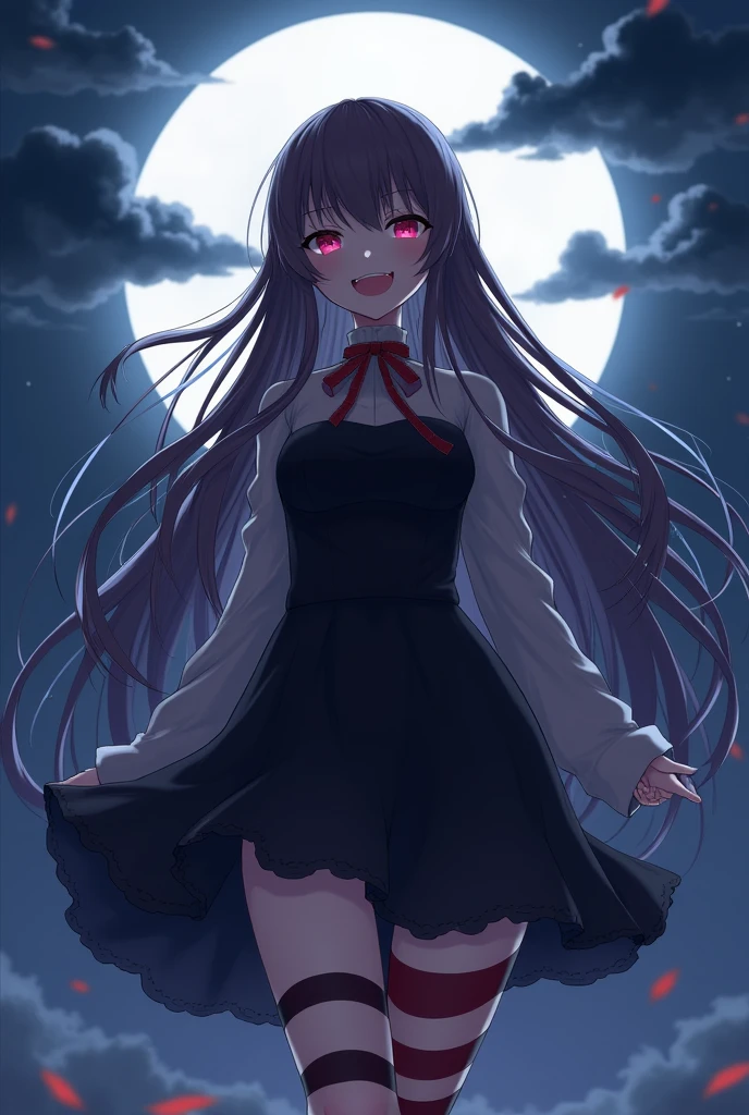 masterpiece, Highest quality, detailed, One girl, alone, night sky, Outdoor, full moon, performer, cloud, night,, Dark Sakura, (Black Dress), Long Hair, Wicked Smile, Red ribbon, Striped, Thighs