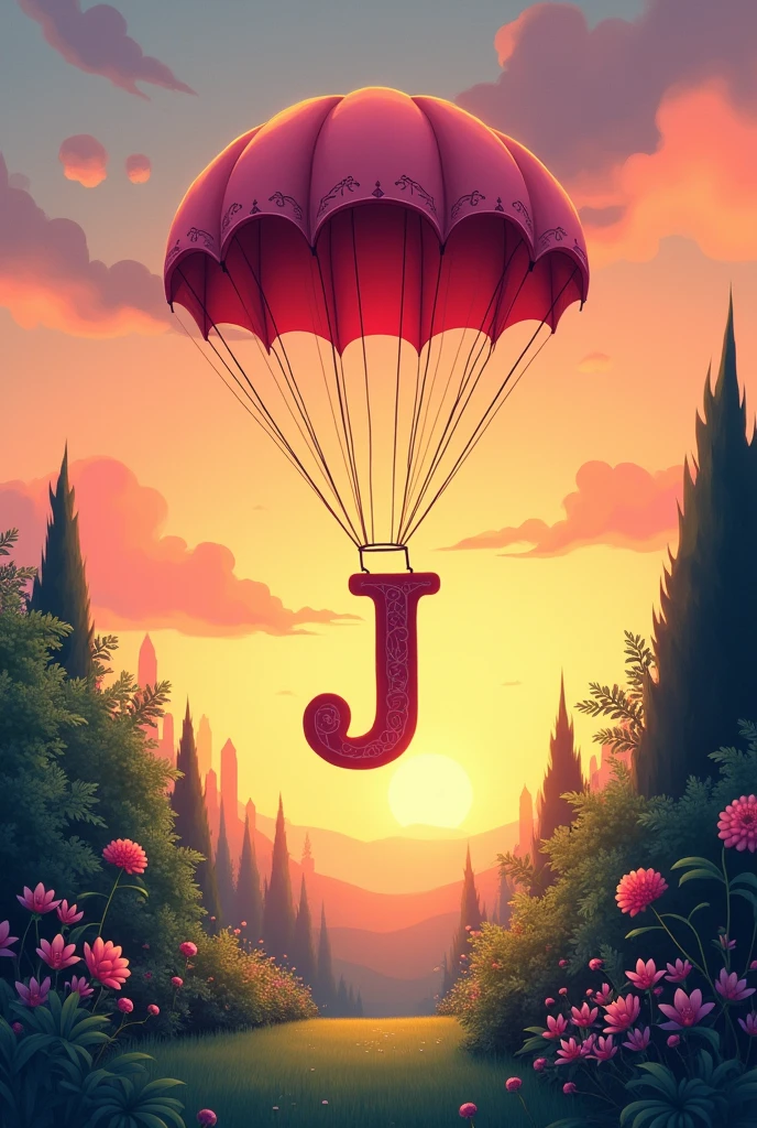 Make an illustration of the letter J descending by parachute, landing in a simple garden, on a background with a gradient of orange and blue imitating a sunset,