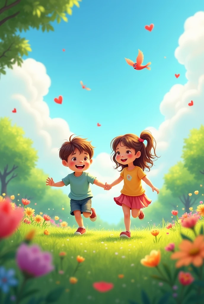 2 kids  holding hands  and running  in park with flowers , birds in sky, love shape clouds 