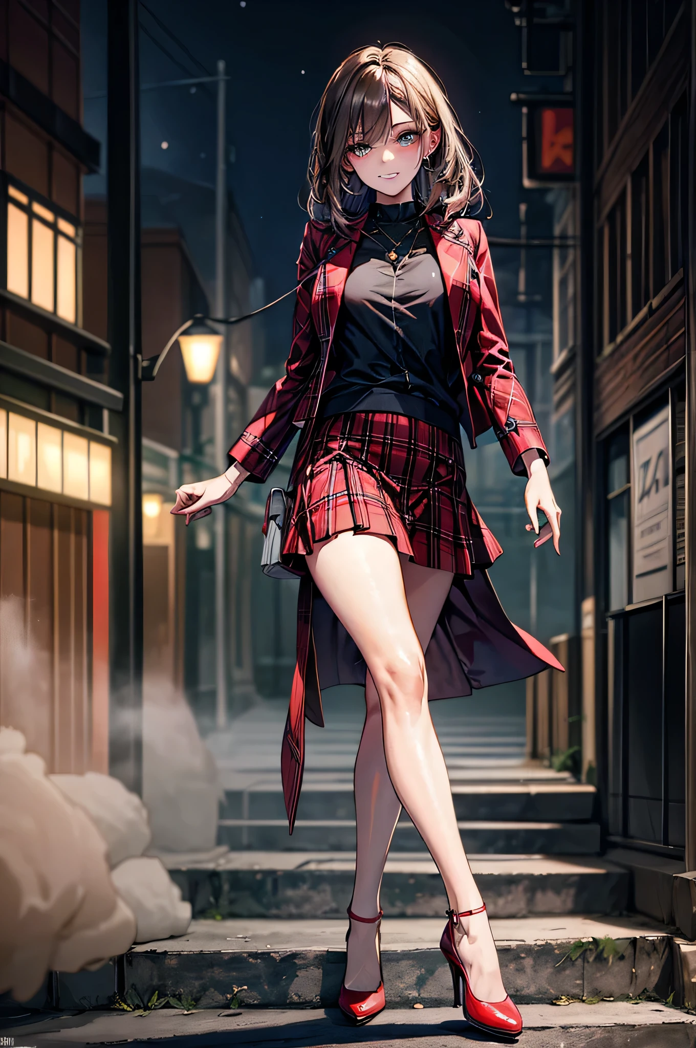 (Biologically correct limb count),Full body, including face,4K,Focus on the masterpiece face,Well-proportioned facial features,Delicate descriptive eyes,One beautiful woman,(Black shirt,red jacket,red plaid skirt),(Grin),looking at the camera,walking,,((High heels)),（Thick fog all around),Night outdoor streetlights