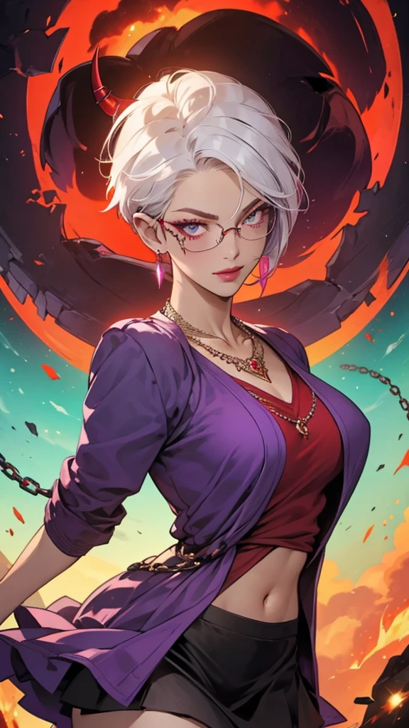 8k, masterpiece, best quality, highly detailed, 1 girl, tiefling, warlock, pixie cut, multicolored hair, very short straight hair red highlight hair on white hair, strippled hair, wearing glasses, round glasses, earrings, navel piercing, red eyeshadow, long eyelashes, blushed cheek, red lips, pearl necklace, rings, collarbone, mole on face, glamorous, teal and purple clothes, miniskirt, smirk, close up view, rings, looking at viewer, demon horns, solo, blood red moon, standing, royal dress, chains, firing fire blast